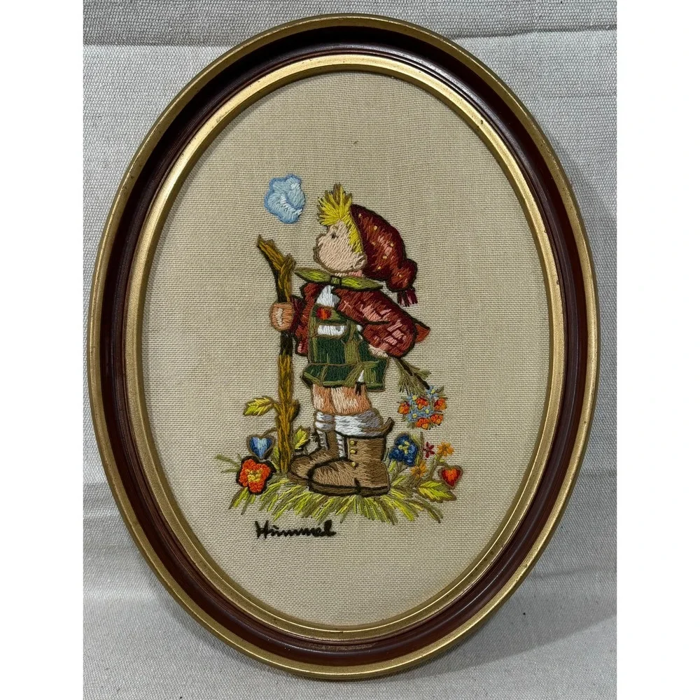 Vintage Hummel Little Hiker Needlepoint Framed Art Happy Go Lucky 13x11 Oval